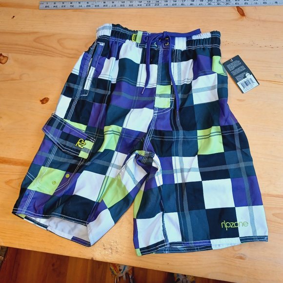 NWT! 👓 3/$40 Rip zone Men’s Swim Trunks Purple/ Lime/ Black Checkered (3598 - Picture 1 of 11